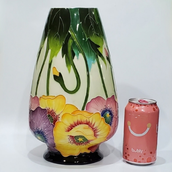 11 3/4" Bold Cloisonné Styl Asian Poppies Dramic Black + Floral Ceramic Art Vase - Picture 2 of 15